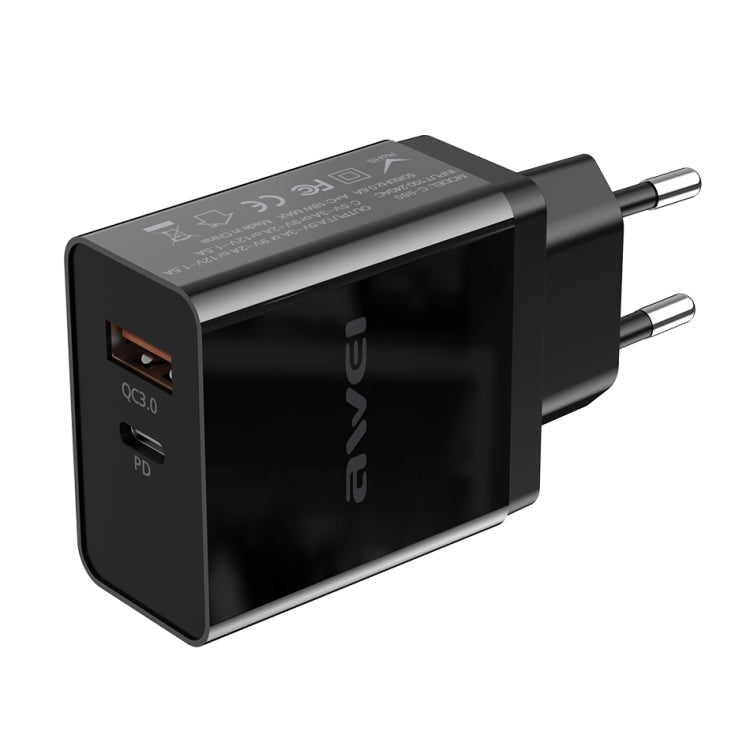 awei C-980 18W PD USB-C / 타입-C + QC 3.0 USB 인터페이스 고속 충전 여행용 충전기, EU 플러그
