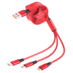 1.2m 3 in 1 USB to USB-C / 타입-C + 8핀 + 마이크로 USB 리트랙터블 데이터 동기화 충전 케이블