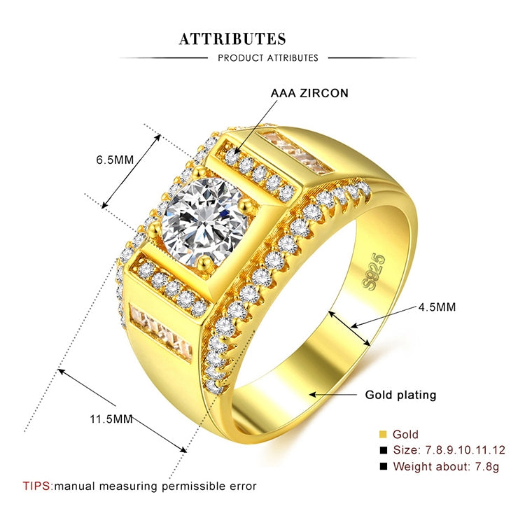 패션 신상 골드 도금 + AAA 지르콘 박힌 라인스톤 남성 다이아몬드 반지, 사이즈: 12, 직경: 21.4mm, 둘레: 67.2mm, 직경: 21.4mm