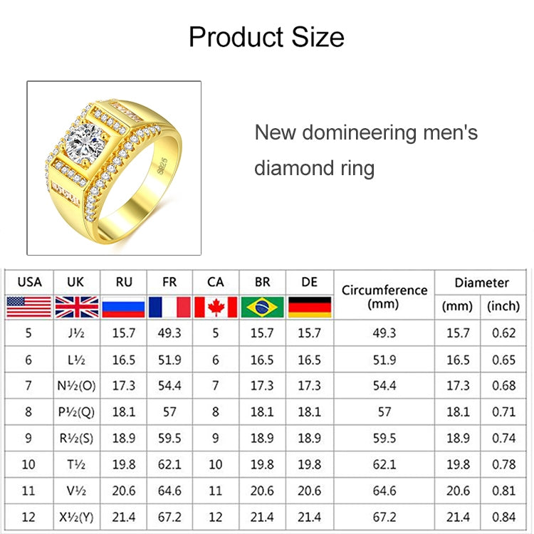 패션 신상 골드 도금 + AAA 지르콘 박힌 라인스톤 남성 다이아몬드 반지, 사이즈: 12, 직경: 21.4mm, 둘레: 67.2mm, 직경: 21.4mm