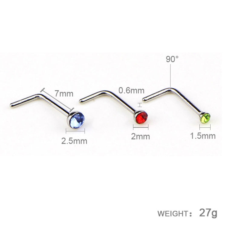60개 혼합 색상 다이아몬드 모양 스테인리스 스틸 코 피어싱 반지 L자형, 핀 길이: 7mm, 핀 직경: 0.6mm (색상), 색상 (60개), 흰색 (60개)