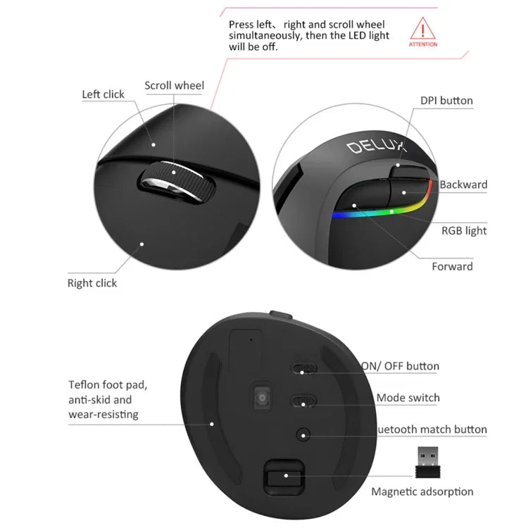 DELUX M618 미니 2.4G 무선 2400DPI USB 충전식 인체공학적 수직 마우스, M618 그레이