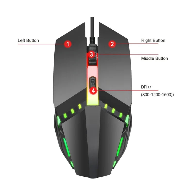 HXSJ S200 USB2.0 1600dpi 조절 가능 4키 컬러풀 발광 유선 게이밍 마우스, 길이: 1.5m