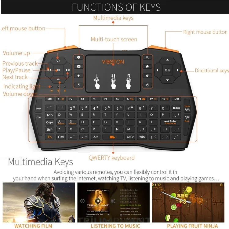 VIBOTON i8 Plus 업데이트 2.4GHz QWERT 미니 무선 키보드, 터치패드 포함, TV 박스, Mi 박스, 컴퓨터, 태블릿, 노트북, 프로젝터용(블랙), 무선 키보드