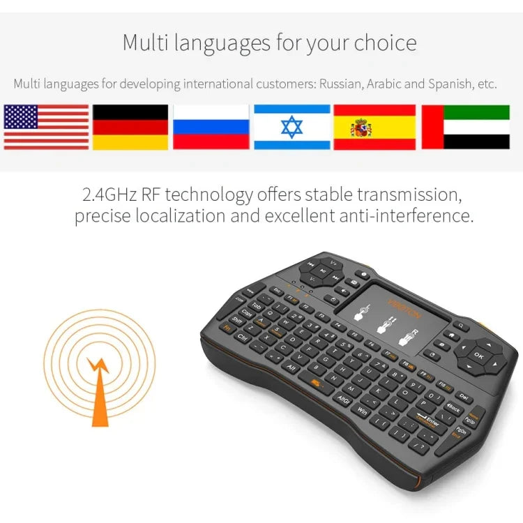 VIBOTON i8 Plus 업데이트 2.4GHz QWERT 미니 무선 키보드, 터치패드 포함, TV 박스, Mi 박스, 컴퓨터, 태블릿, 노트북, 프로젝터용(블랙), 무선 키보드