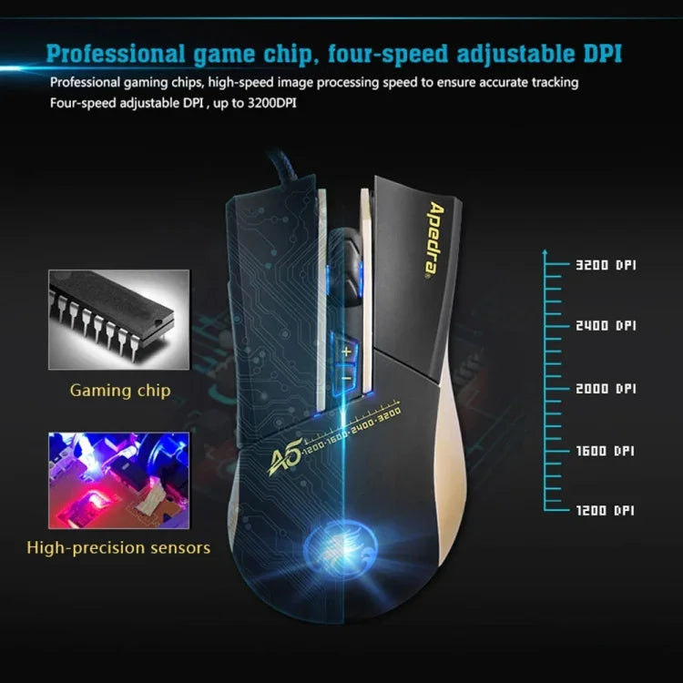 Apedra iMICE A5 고정밀 게이밍 마우스 LED 4색 제어 호흡등 USB 7버튼 3200 DPI 유선 광학 게이밍 마우스 컴퓨터 PC 노트북용, iMICE A5
