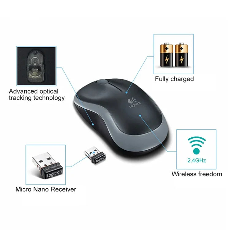 로지텍 M185 2.4GHz 3키 1000DPI 무선 광학 마우스, 무선 거리: 10m