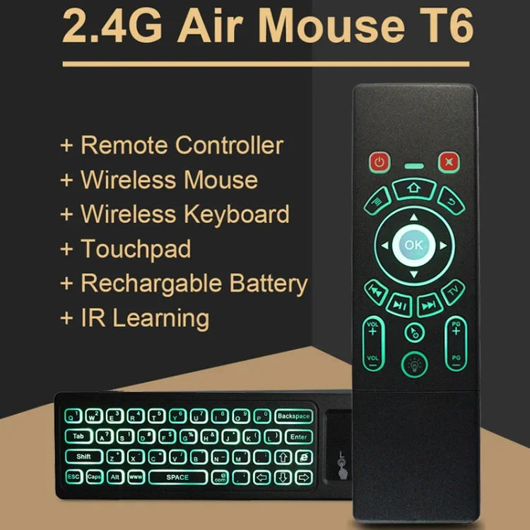 T6 컬러풀 라이트 버전 에어 마우스 2.4GHz 무선 키보드 리모컨 터치패드 및 IR 학습 기능 포함 PC, 안드로이드 TV 박스 / 스마트 TV, 멀티미디어 기기용, T6