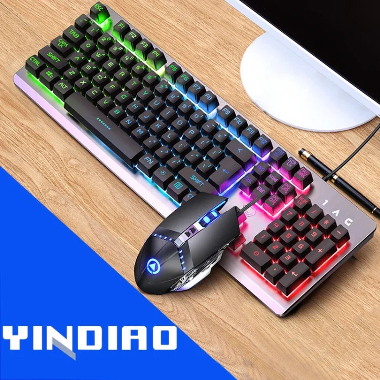 YINDIAO K002 USB 유선 기계식 느낌 RGB 백라이트 키보드 + 광학 무소음 마우스 세트, RGB 백라이트 / 무소음 / 블랙, RGB 백라이트 / 화이트