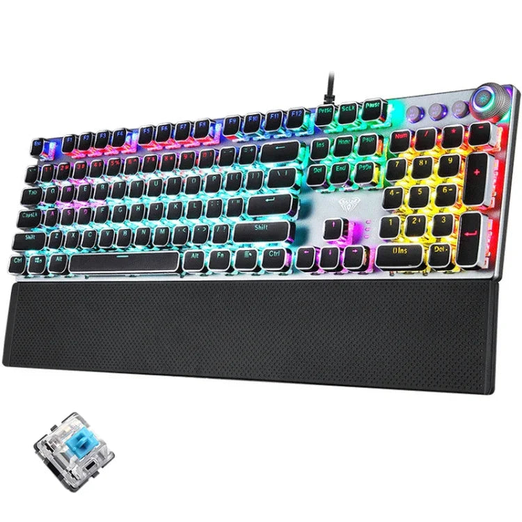 AULA F2088 108키 혼합 조명 도금 펑크 기계식 블루 스위치 유선 USB 게이밍 키보드 메탈 버튼, 블루 스위치 실버