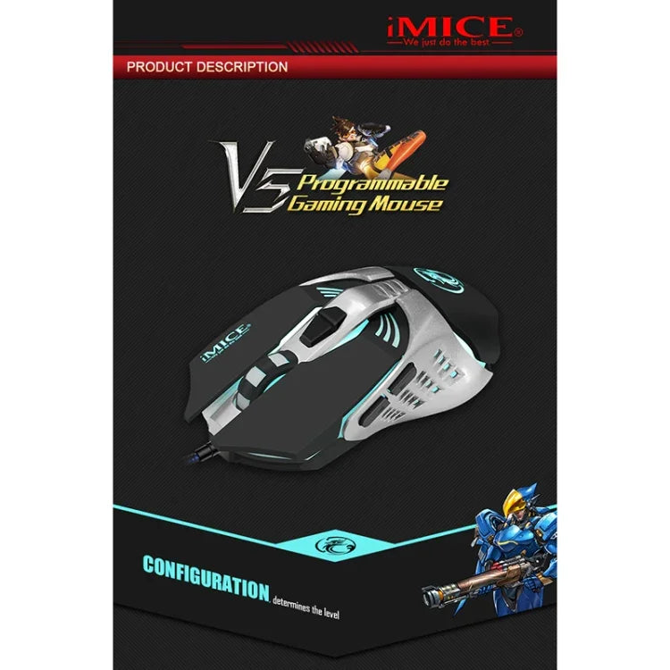 iMICE V5 USB 7버튼 4000 DPI 유선 광학 다채로운 백라이트 게이밍 마우스 컴퓨터 PC 노트북용, V5 (화이트)