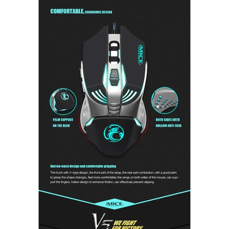 iMICE V5 USB 7버튼 4000 DPI 유선 광학 다채로운 백라이트 게이밍 마우스 컴퓨터 PC 노트북용, V5 (화이트)
