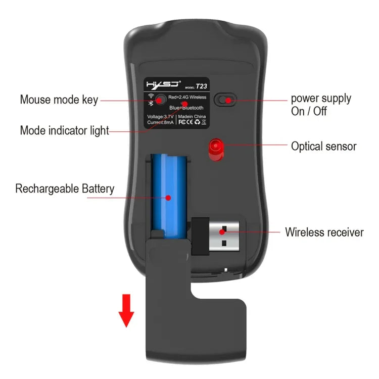 HXSJ T23 블루투스 5.0 + 블루투스 3.0 + 2.4GHz 무선 3모드 4버튼 1600 DPI 조절 인체공학 광학 마우스, T23 블랙