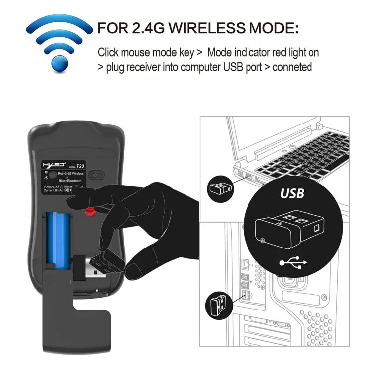 HXSJ T23 블루투스 5.0 + 블루투스 3.0 + 2.4GHz 무선 3모드 4버튼 1600 DPI 조절 인체공학 광학 마우스, T23 블랙