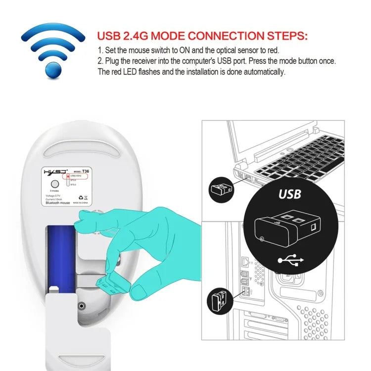 HXSJ T36 2.4G 블루투스 5.0+3.0 3모드 무소음 디자인 무선 블루투스 마우스
