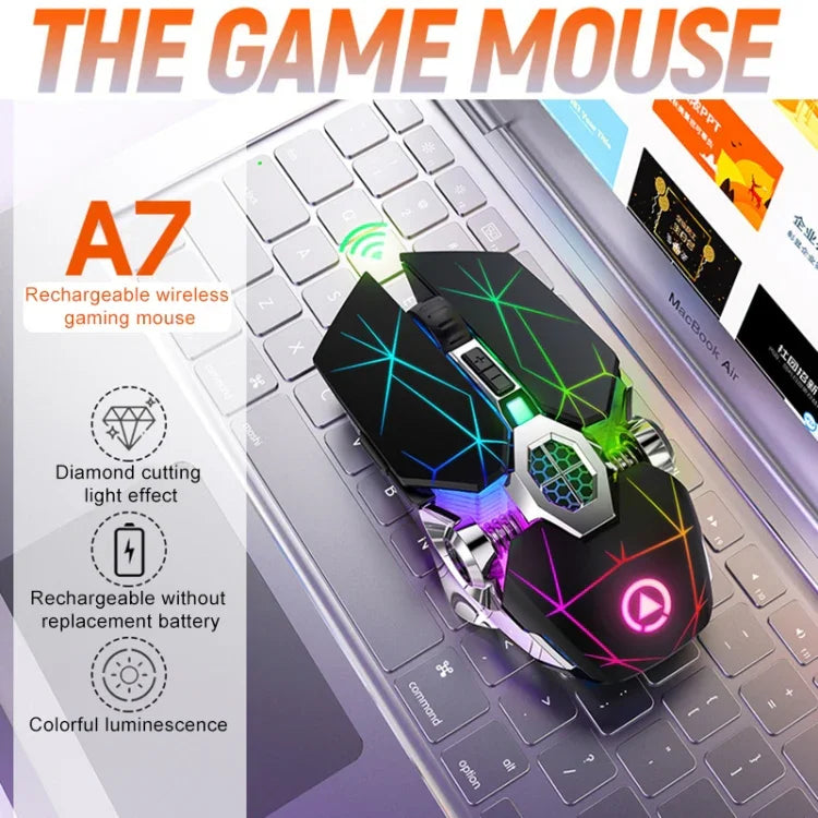 YINDIAO A7 2.4GHz 1600DPI 3단계 조절 7키 충전식 RGB 라이트 무선 무소음 게이밍 마우스