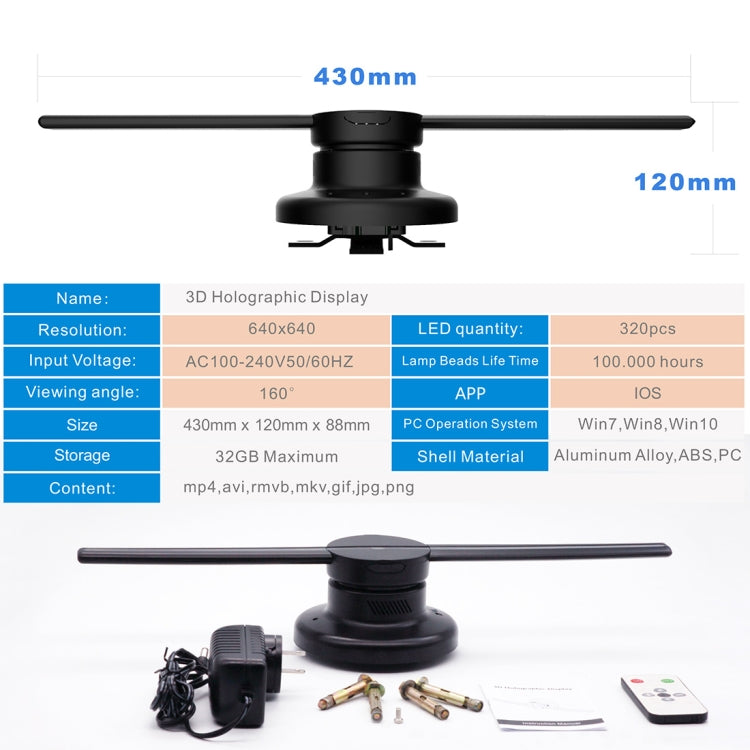 42cm 직경 3D 홀로그램 디스플레이, 와이파이 앱 제어, 640 x 640 픽셀 해상도 320 LED 광고판, 마이크로 SD 카드 지원, 42cm 와이파이