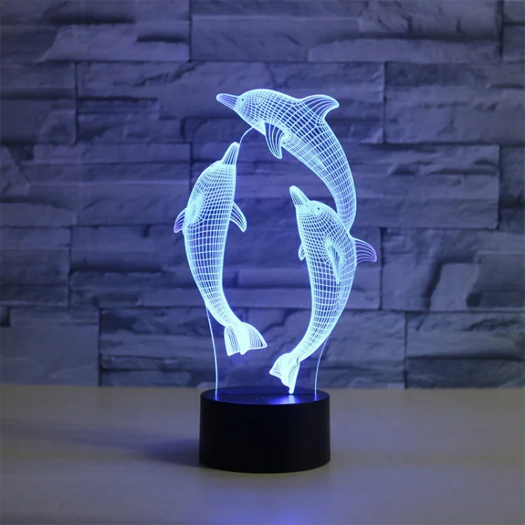 세 돌고래 모양 3D 알록달록 LED 비전 라이트 테이블 램프, USB 및 배터리 버전, USB 및 배터리 버전