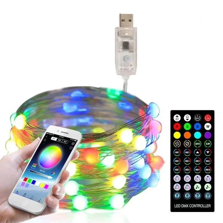 크리스마스 장식 USB 구리 와이어 스트링 라이트 리모컨 및 블루투스 모바일 앱 제어, 길이: 5m 50개 LED, 리모컨 및 앱 제어, 길이: 5m 50개 LED