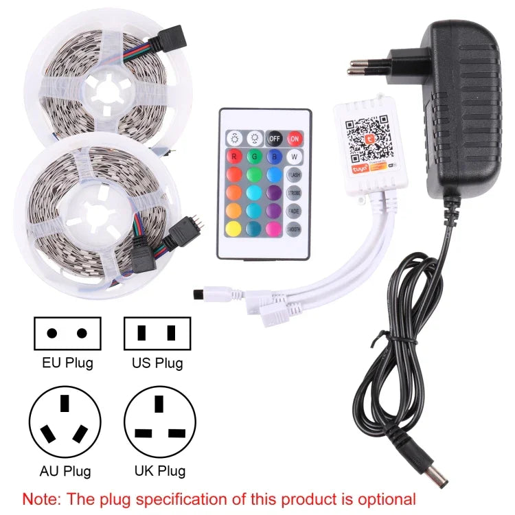 2개입 베어 보드 5050 SMD RGB LED 로프 라이트, 30 LED/m, 길이: 5m, 12V 2A 100-240V, 24키 두들 컨트롤러 포함, 5050 SMD RGB LED, 5m x 2