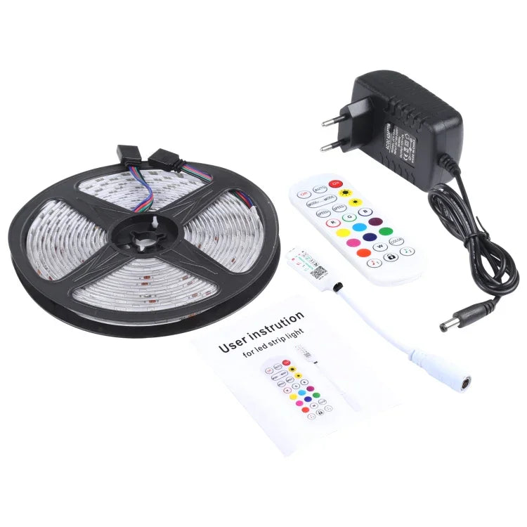 5m 150 LED SMD 5050 IP65 방수 블루투스 RGB 라이트 스트립 24키 리모컨 포함, EU 플러그, 5m 150 LED IP65
