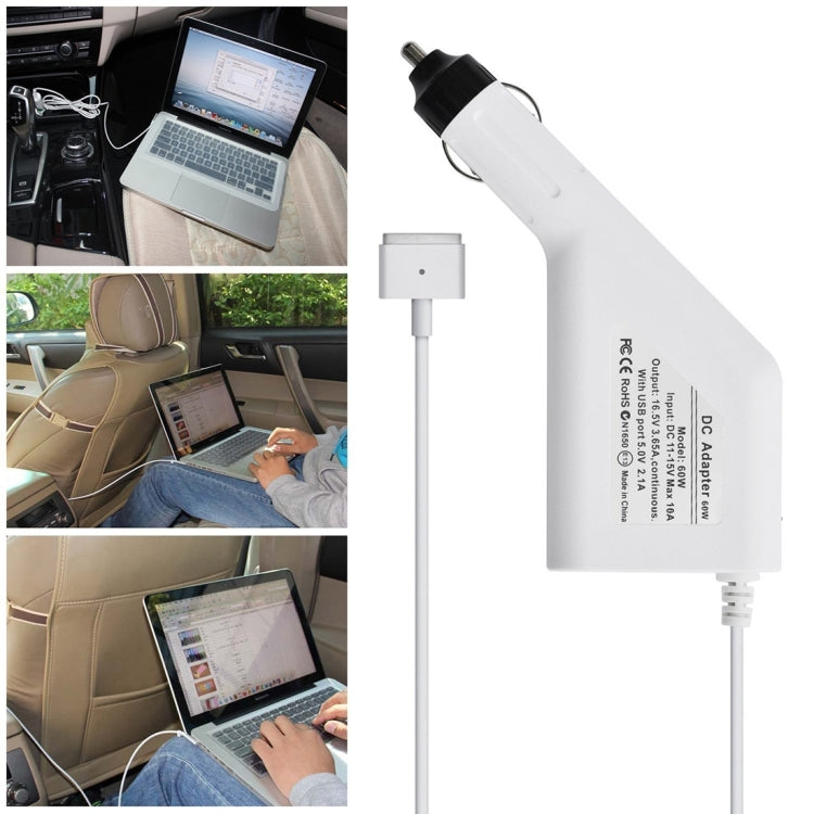 60W 16.5V 3.65A 5핀 T형 MagSafe 2 차량용 충전기 1 USB 포트 포함 for Apple MacBook A1465 / A1502 / A1435 / MD212 / MD2123 / MD662, 길이: 1.7m