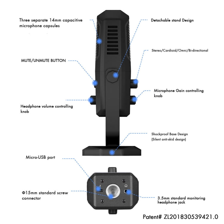 Yanmai SF-900 다기능 4방향 스튜디오 녹음 콘덴서 마이크 데스크탑 스탠드 포함