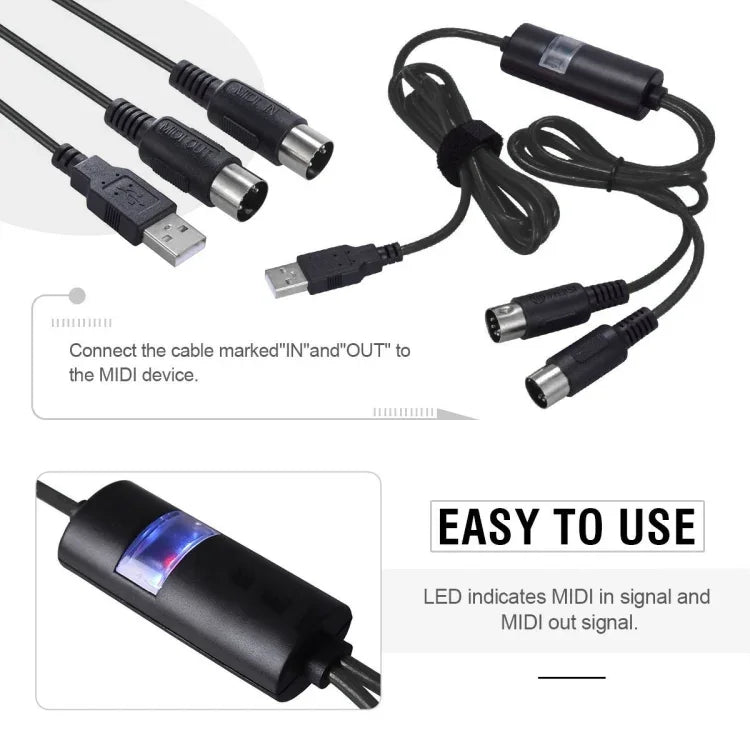 WERSI UM-18 USB MIDI 케이블 MidiPort 미디 케이블 전자 피아노 전자 드럼 음악 편집용 라인, 길이: 2m
