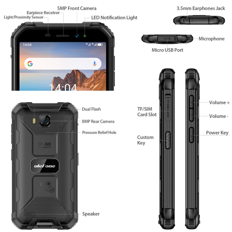 IP68/IP69K 방수 방진 충격 방지, 얼굴 인식, 4000mAh 배터리, 5.0인치 Android 9.0 MTK6580A/W 쿼드 코어 최대 1.3GHz, 네트워크: 3G, Armor X6 2GB+16GB