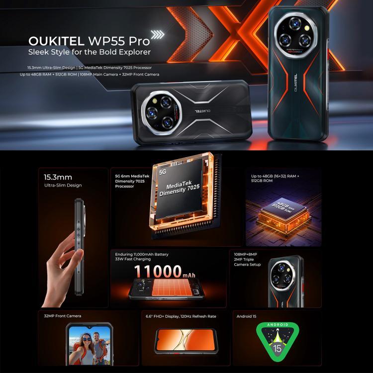 Oukitel WP55 Pro 5G 러기드 폰, 16GB+512GB, 108MP 카메라, 지문 인식, 6.6인치 Android 15 MediaTek Dimensity 7025 옥타 코어, NFC, OTG, 네트워크: 5G, WP55 Pro