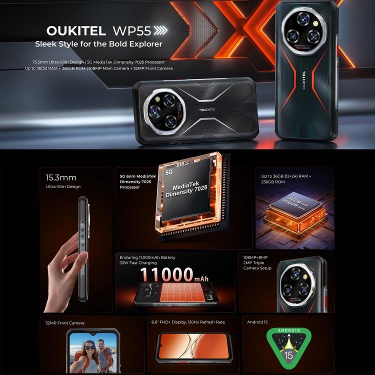 Oukitel WP55 5G 러기드 폰, 12GB+256GB, 108MP 카메라, 지문 인식, 6.6인치 MediaTek Dimensity 7025 옥타 코어, NFC, OTG, 네트워크: 5G, WP55