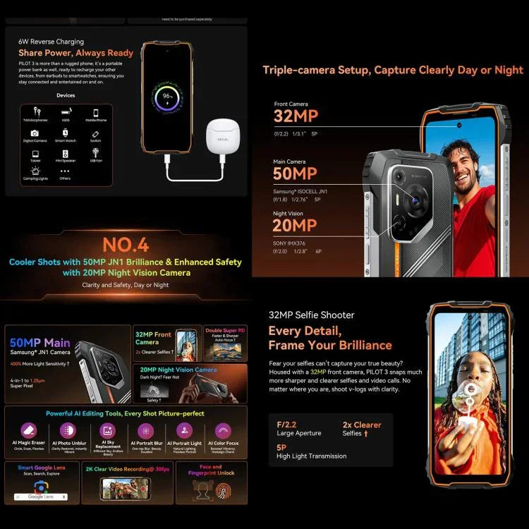 Blackview Oscal Pilot 3 5G 러기드 폰, 12GB+256GB, 야간 투시 카메라, 6.56인치 Android 15 MediaTek Dimensity 6300 옥타 코어, 네트워크: 5G, OTG, NFC