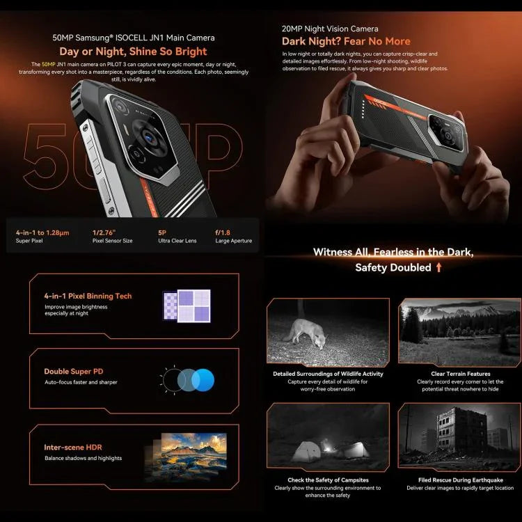 Blackview Oscal Pilot 3 5G 러기드 폰, 12GB+256GB, 야간 투시 카메라, 6.56인치 Android 15 MediaTek Dimensity 6300 옥타 코어, 네트워크: 5G, OTG, NFC