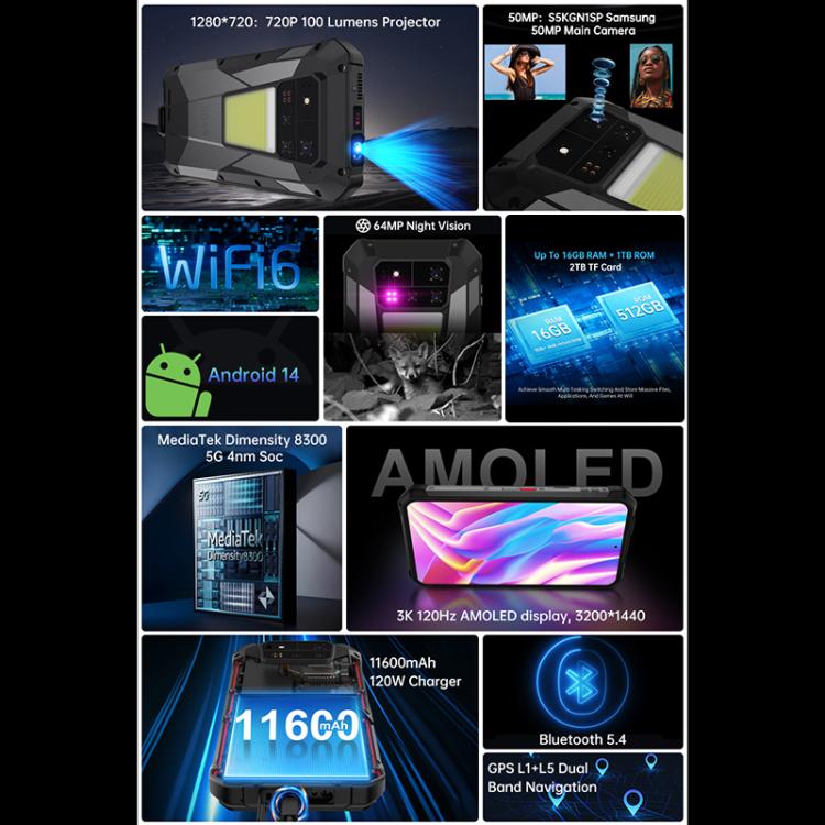 Unihertz Tank 4 Pro 프로젝터 러기드 폰, 16GB+512GB, 야간 투시, 6.73인치 Android 13 Dimensity 8300 옥타 코어, 네트워크: 5G, NFC, 16GB+512GB