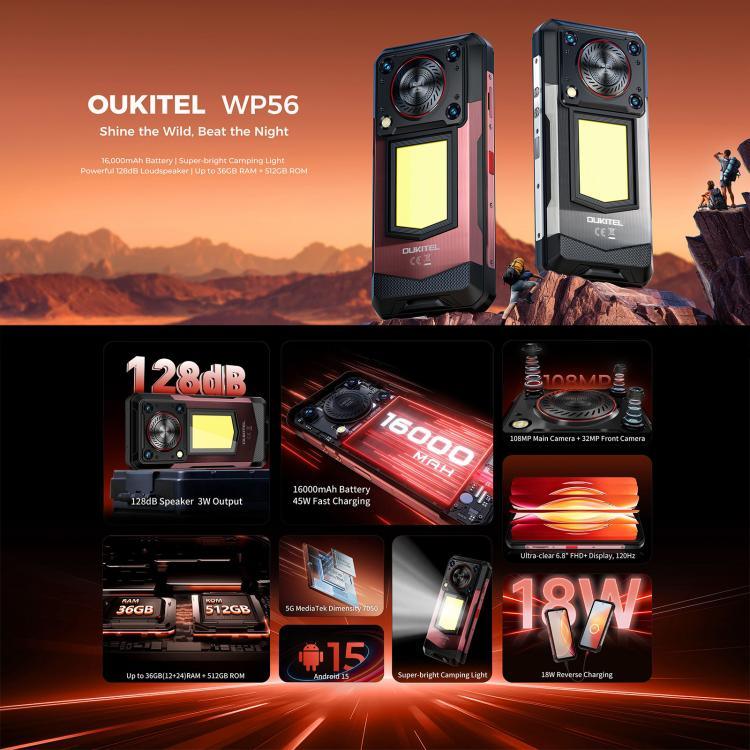 Oukitel WP56 러기드 폰, 12GB+512GB, 108MP 카메라, 지문 인식, 6.8인치 Android 15 MTK Dimensity 7050 옥타 코어, NFC, OTG, 네트워크: 5G