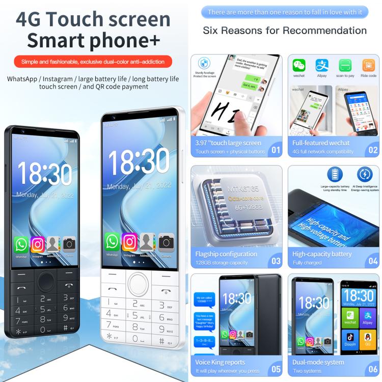 DOOV R70 키패드 폰, 6GB+128GB, 4인치 Android 13 Mediatek MT6762 옥타 코어, 네트워크: 4G, 구글 스토어 지원, 카메라 있음, 카메라 있음