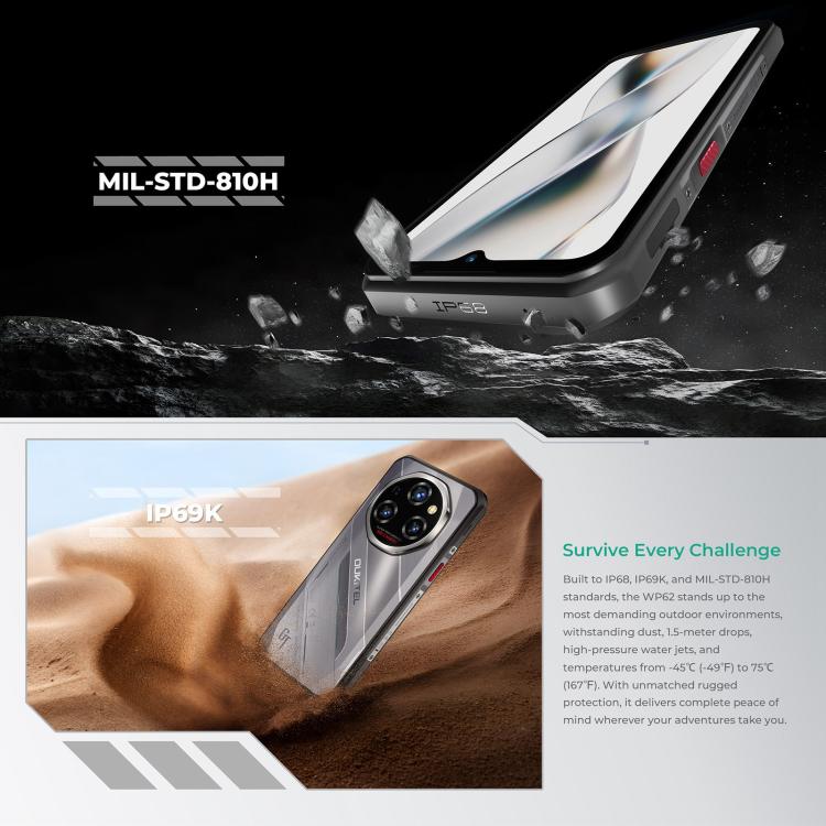 Oukitel WP62 러기드 폰, 8GB+256GB, 108MP 카메라, 지문 인식, 6.6인치 Android 15 MediaTek Dimensity 7025 옥타 코어, NFC, OTG, 네트워크: 5G, 8GB+256GB