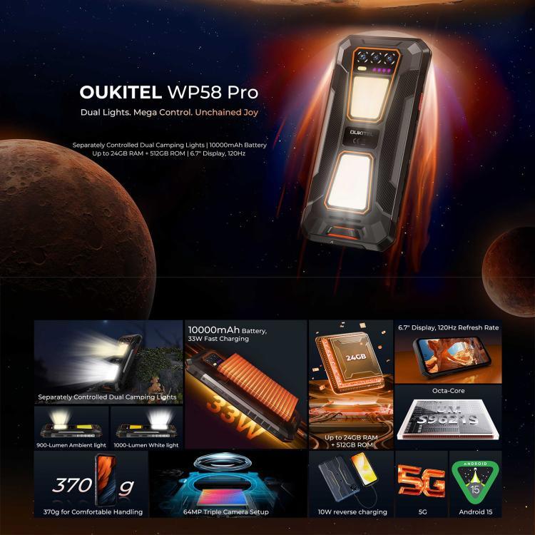 Oukitel WP58 Pro 러기드 폰, 8GB+512GB, 측면 지문 인식, 6.7인치 안드로이드 15 UMS9621S 옥타 코어, NFC, OTG, 네트워크: 5G, 8GB+512GB