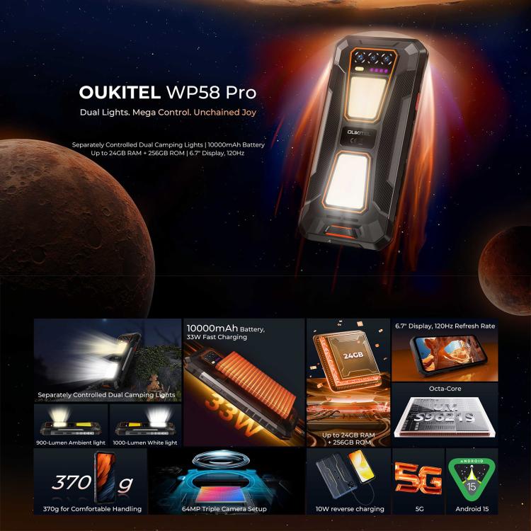 Oukitel WP58 Pro 러기드 폰, 8GB+256GB, 측면 지문 인식, 6.7인치 안드로이드 15 UMS9621S 옥타 코어, NFC, OTG, 네트워크: 5G, 8GB+256GB