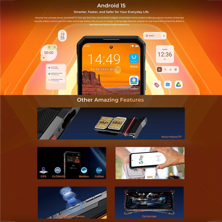 Oukitel WP58 Pro 러기드 폰, 8GB+256GB, 측면 지문 인식, 6.7인치 안드로이드 15 UMS9621S 옥타 코어, NFC, OTG, 네트워크: 5G, 8GB+256GB