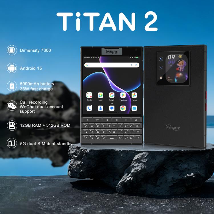 Unihertz Titan 2 QWERTY 물리 키보드 폰, 12GB+512GB, 지문 인식, 4.5인치 + 2인치 안드로이드 15 Dimensity 7300 5G 옥타 코어, 네트워크: 5G, NFC, OTG