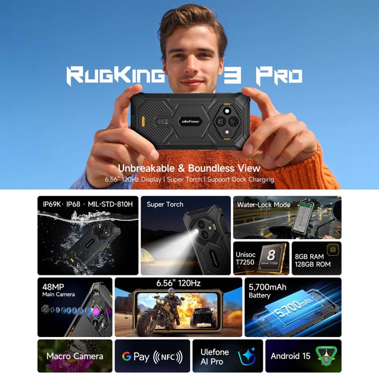 Ulefone RugKing 3 Pro, 8GB+128GB, IP68/IP69K 러기드 폰, 6.56인치 안드로이드 15 Unisoc T7250 옥타 코어, 네트워크: 4G, NFC, OTG, RugKing 3 Pro, RugKing 3 Pro, 8GB+128GB