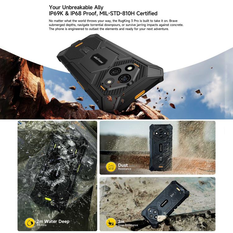 Ulefone RugKing 3 Pro, 8GB+128GB, IP68/IP69K 러기드 폰, 6.56인치 안드로이드 15 Unisoc T7250 옥타 코어, 네트워크: 4G, NFC, OTG, RugKing 3 Pro, RugKing 3 Pro, 8GB+128GB
