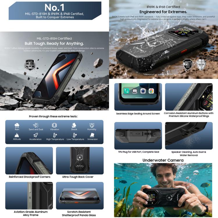 Blackview ROCK 1 러기드 폰, 8GB+256GB, 6.56인치 안드로이드 16 MT6769V/CB Helio G81 옥타 코어, 네트워크: 4G, OTG, NFC, ROCK 1 8GB+256GB