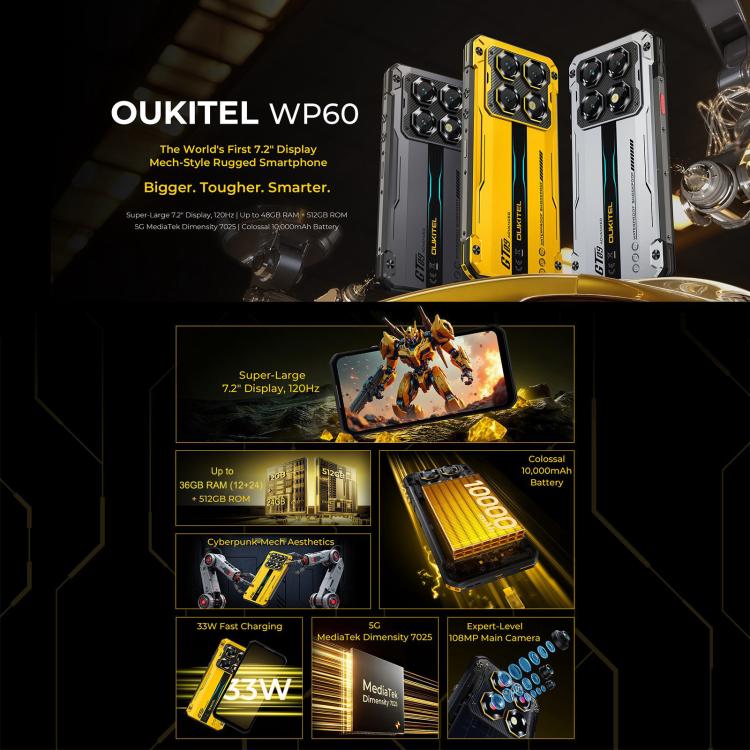 Oukitel WP60 러기드 폰, 12GB+512GB, 야간 투시, 108MP 카메라, 측면 지문 인식, 7.2인치 Android 15 MediaTek Dimensity 7025 옥타 코어, NFC, OTG, 네트워크: 5G, 12GB+512GB