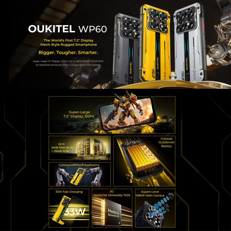 Oukitel WP60 러기드 폰, 8GB+256GB, 야간 투시, 108MP 카메라, 측면 지문 인식, 7.2인치 Android 15 MediaTek Dimensity 7025 옥타 코어, NFC, OTG, 네트워크: 5G, 8GB+256GB