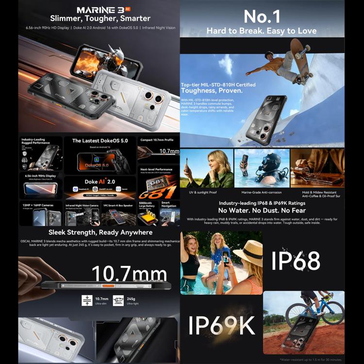 Blackview Oscal Marine 3, 8GB+128GB, 6.56인치 Android 15 Unisoc UMS9230E T615 옥타 코어, 네트워크: 4G, OTG, NFC, 8GB+128GB