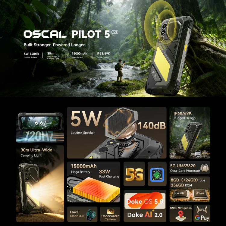 Blackview Oscal Pilot 5 5G 러기드 폰, 8GB+256GB, 6.67인치 안드로이드 16 UMS9620 T8100 옥타 코어, 네트워크: 5G, OTG, NFC