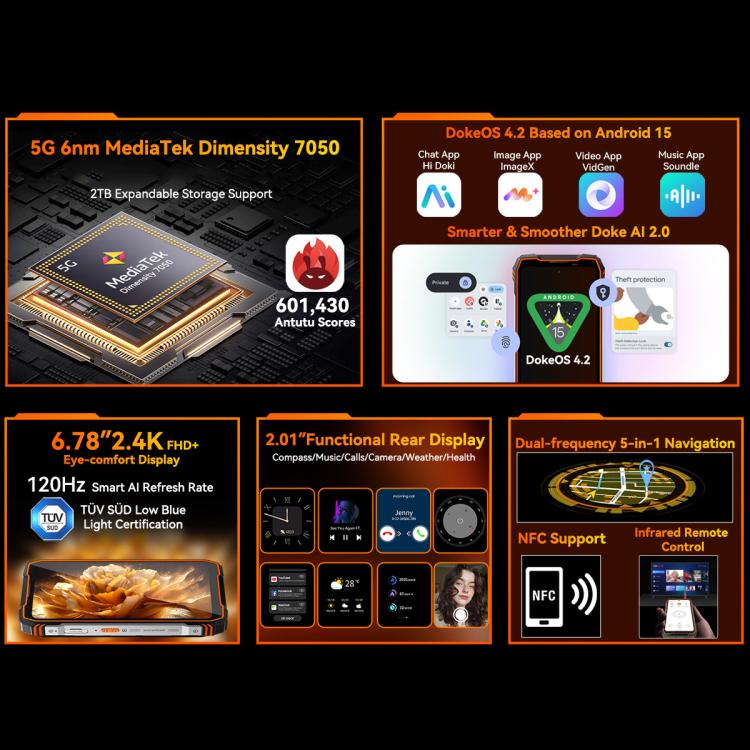 Blackview Oscal TANK 1, 12GB+256GB, 6.78인치 안드로이드 15 DokeOS 4.2 Mediatek Dimensity 7050 옥타 코어, 네트워크: 5G, OTG, NFC, 12GB+256GB