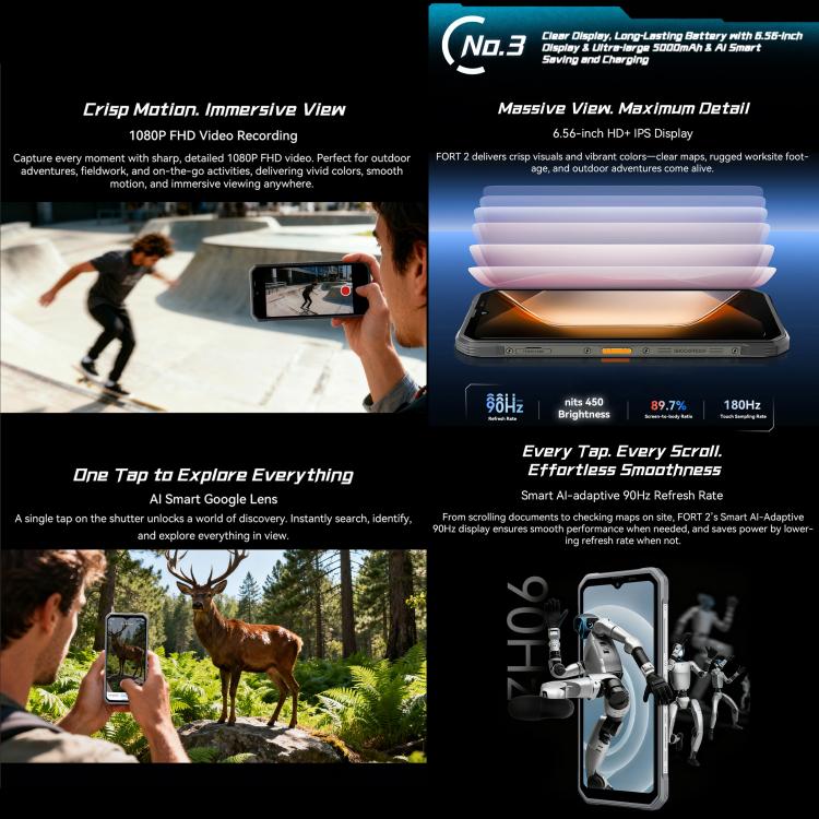 Blackview FORT 2 러기드 폰, 8GB+128GB, 6.56인치 안드로이드 15 MediaTek MT6769V/CB Helio G81 옥타 코어, 네트워크: 4G, OTG, NFC, 8GB+128GB